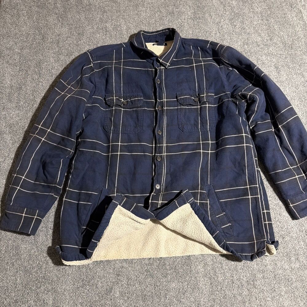 Lands End Flannel Shirt Jacket Mens Large Blue Plaid Sherpa Lined Button Front
